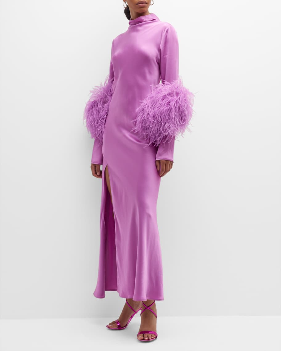 LAPOINTE Feather-Trim Thigh-Slit Satin Midi Dress | Neiman Marcus