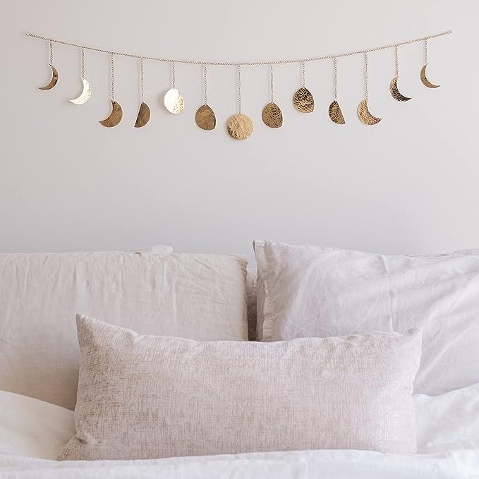 Moon Phase Wall Hanging Handmade Hammered Gold Metal 13 Moons 36" Garland, Boho Home Decor for Be... | Amazon (US)