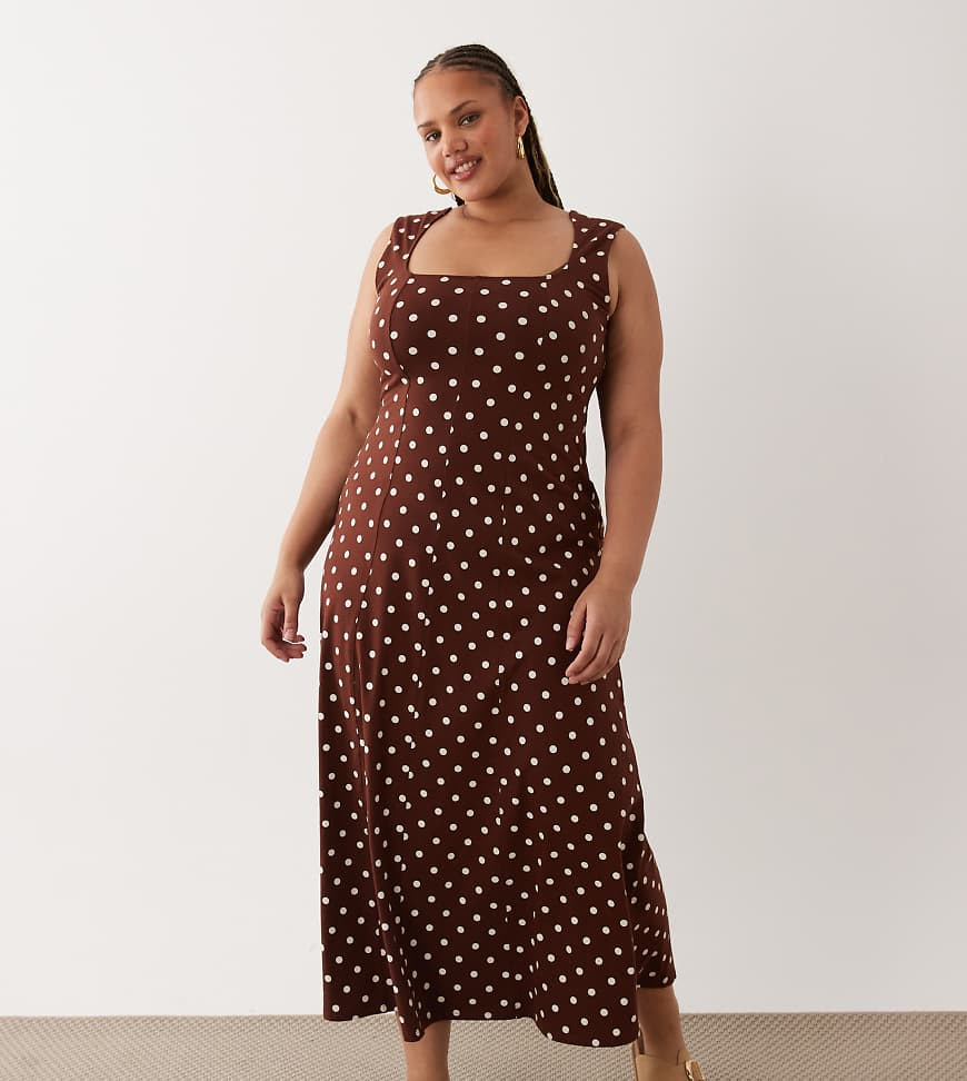 ASOS DESIGN Curve square neck seam detail midi dress in mono polka dot-Multi | ASOS (Global)