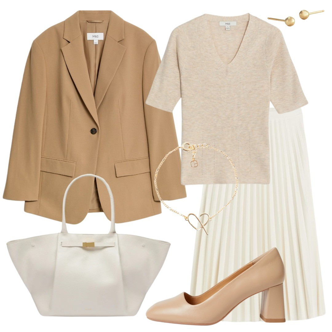 Blazer styling, neutral wardrobe, monochrome look, white skirt, pleated skirt, H&M, Demellier, t-shirt, cashmere sweater, office look

#LTKfindsunder50 #LTKworkwear #LTKshoecrush