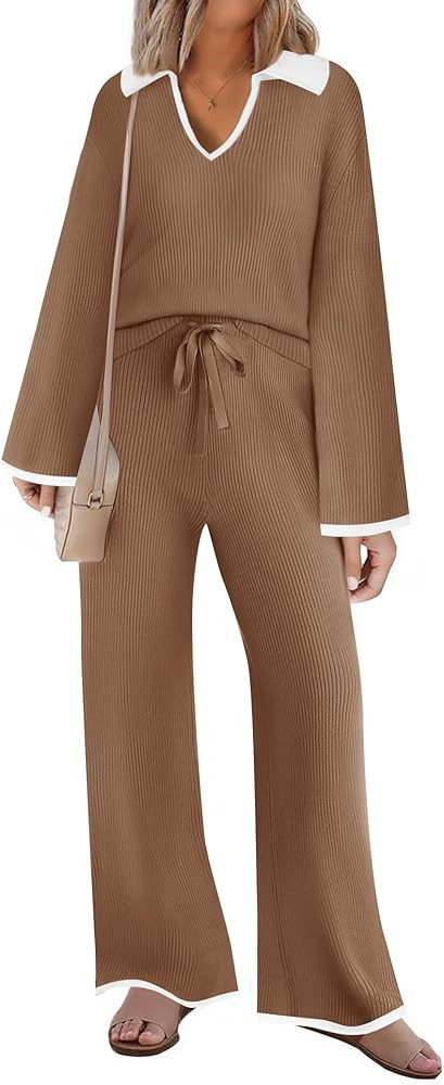 ZESICA Women's Two Piece Thin Sweater Lounge Sets 2024 Fall Winter Oversized Knit Pullover Wide L... | Amazon (US)