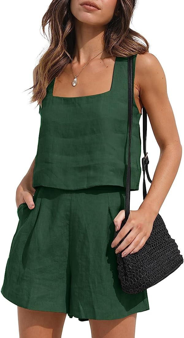 AUTOMET Womens 2 Piece Outfits Lounge Matching Sets Two Piece Linen Shorts Crop Tops 2023 Trendy ... | Amazon (US)