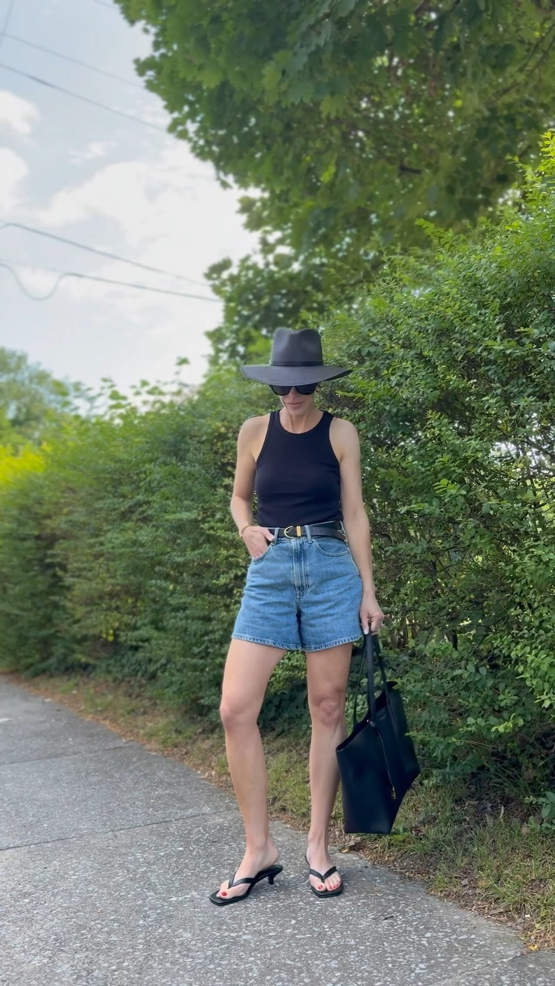 Summer outfit, tank and denim shorts, @Madewell denim shorts, @Janessa Leone black straw hat, kitten heel thong sandals, 90’s minimal style

#LTKxMadewell #LTKSaleAlert #LTKOver40