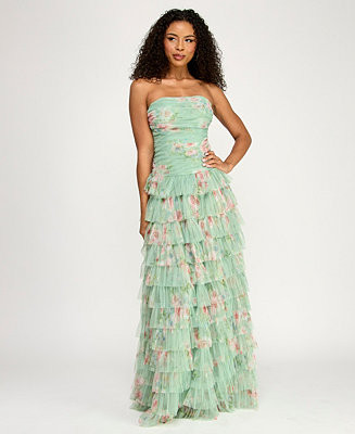 Juniors Strapless Printed Mesh Gown with Pleated Bodice and Tiered Ruffle Skirt | Macy's