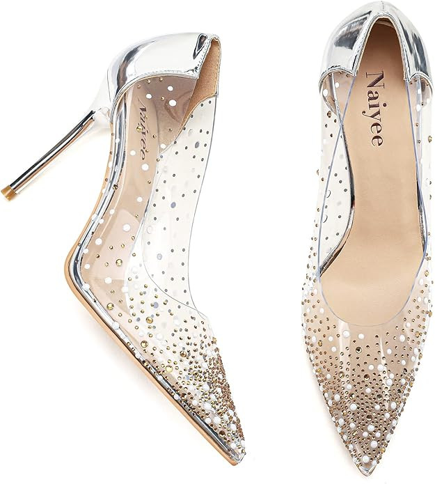 Naiyee Women's High Stiletto Heel, PVC Pumps Crystal Rhinestones 100mm Clear Heels Closed Pointed... | Amazon (US)