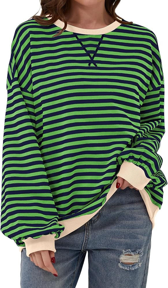 Women Oversized Striped Color Block Long Sleeve Crew Neck Sweatshirt Casual Loose Pullover Y2K Sh... | Amazon (US)