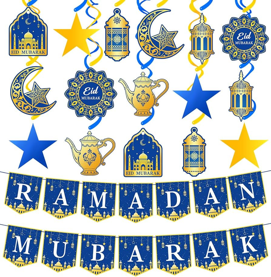 34Pcs Ramadan Decorations Pre-Assembled Mubarak Eid Kareem Muslim Banner Hanging Swirls Garland D... | Amazon (US)