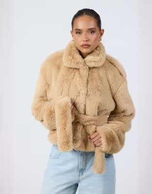 Aria Cove faux fur funnel neck belted jacket in camel | ASOS | ASOS (Global)