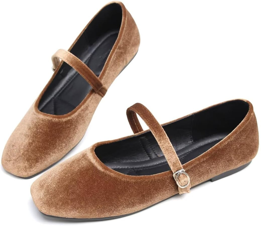 Hee grand Velvet Mary Jane Flats for Women Dressy Comfortable Square Toe Ballet Flats with Buckle... | Amazon (US)