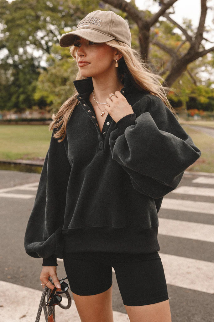 Adeline Snap Quarter Neck Sweatshirt - Black | Petal & Pup (US)