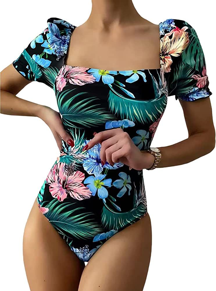 WDIRARA Women's Floral Tropical Print One Piece Swimsuit Crisscross Monokini | Amazon (US)