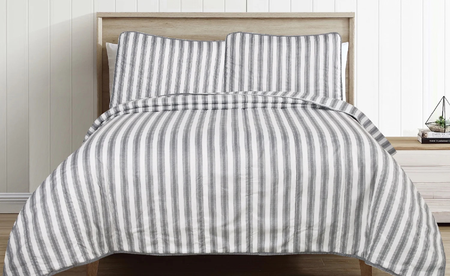 Farmhouse Ticking Stripe 2-Piece Twin Quilt and Sham Coverlet Bedspread Bedding Set, Grey White -... | Walmart (US)