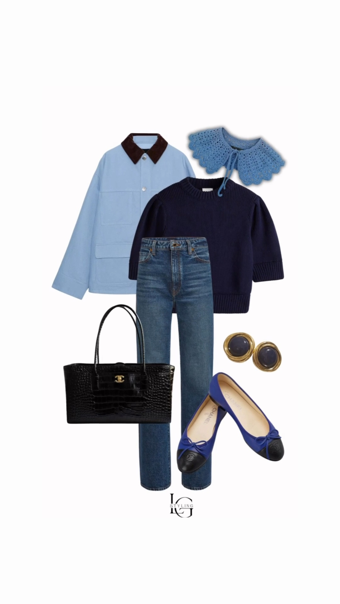 Today’s look is all about elevated everyday dressing—starting with a classic straight-leg denim base, paired with a navy short sleeve knit for structure and softness. I layered in a light blue chore-style jacket with a contrast collar for that subtle statement moment, and added a crochet collar detail for a feminine, vintage-inspired touch.

Accessories pull it all together: a timeless black structured tote, bold gold-and-navy earrings, and chic cap-toe ballet flats that bring in just the right amount of Parisian polish.

Perfect for: casual meetings, errands, or a put-together day out when you still want to feel comfortable.

#LTKStyle #LTKSpring #LTKSeasonal #EverydayStyle #ElevatedBasics #ClassicStyle #SpringOutfits #CasualChic #WardrobeStaples #EffortlessStyle

#LTKdayinmylife #LTKootd #LTKgrwm