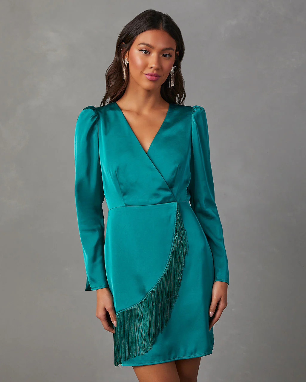 Atwell Satin Fringe Trim Wrap Midi Dress | VICI