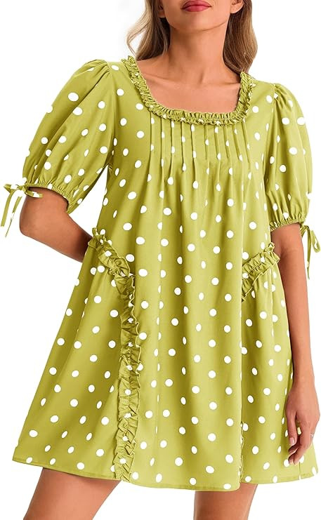 Wenrine Womens Babydoll Mini Dresses Casual Polka Dot Short Sleeve Square Neck Oversized Cute Sum... | Amazon (US)