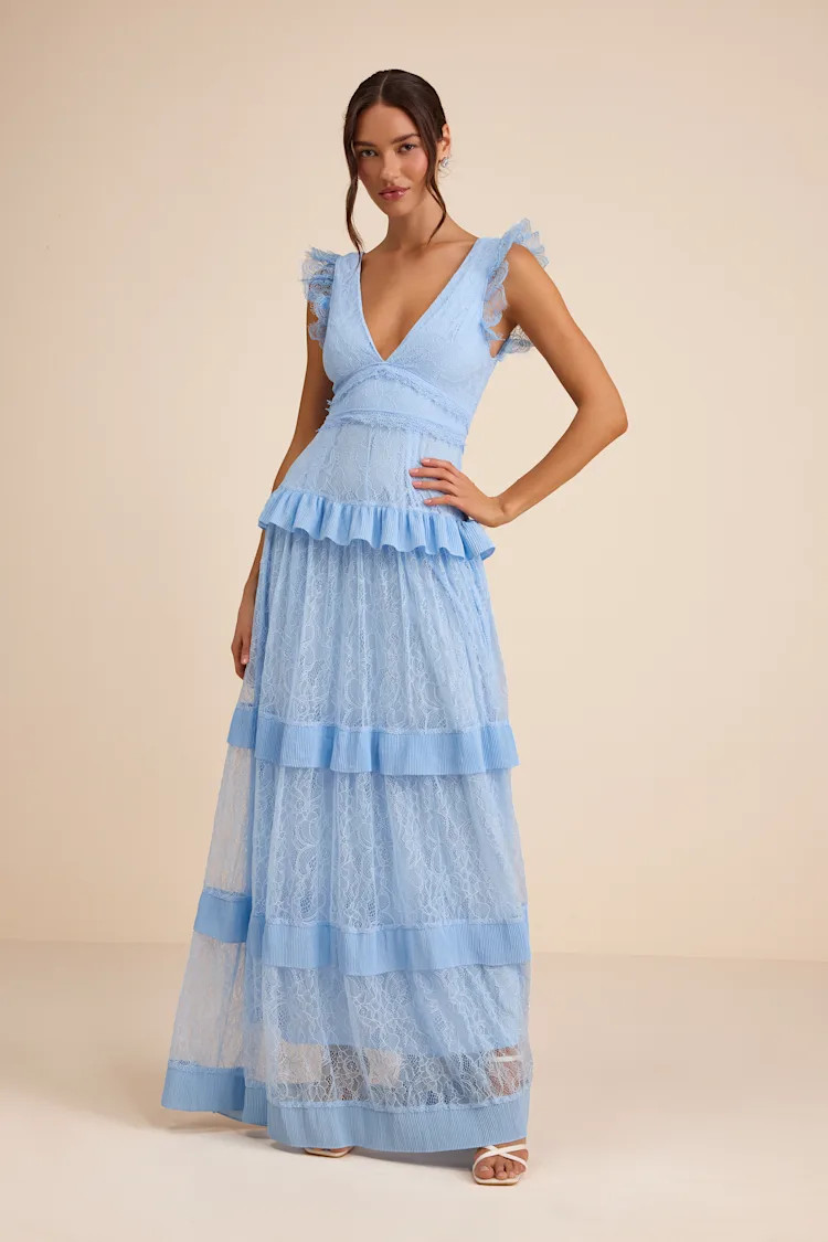 Marvelous Darling Powder Blue Lace Ruffled Tiered Maxi Dress | Lulus
