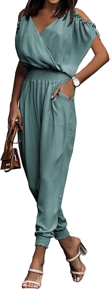 PRETTYGARDEN Jumpsuit for Women Casual Summer Wrap V Neck Cold Shoulder One Piece Outfits Pants R... | Amazon (US)