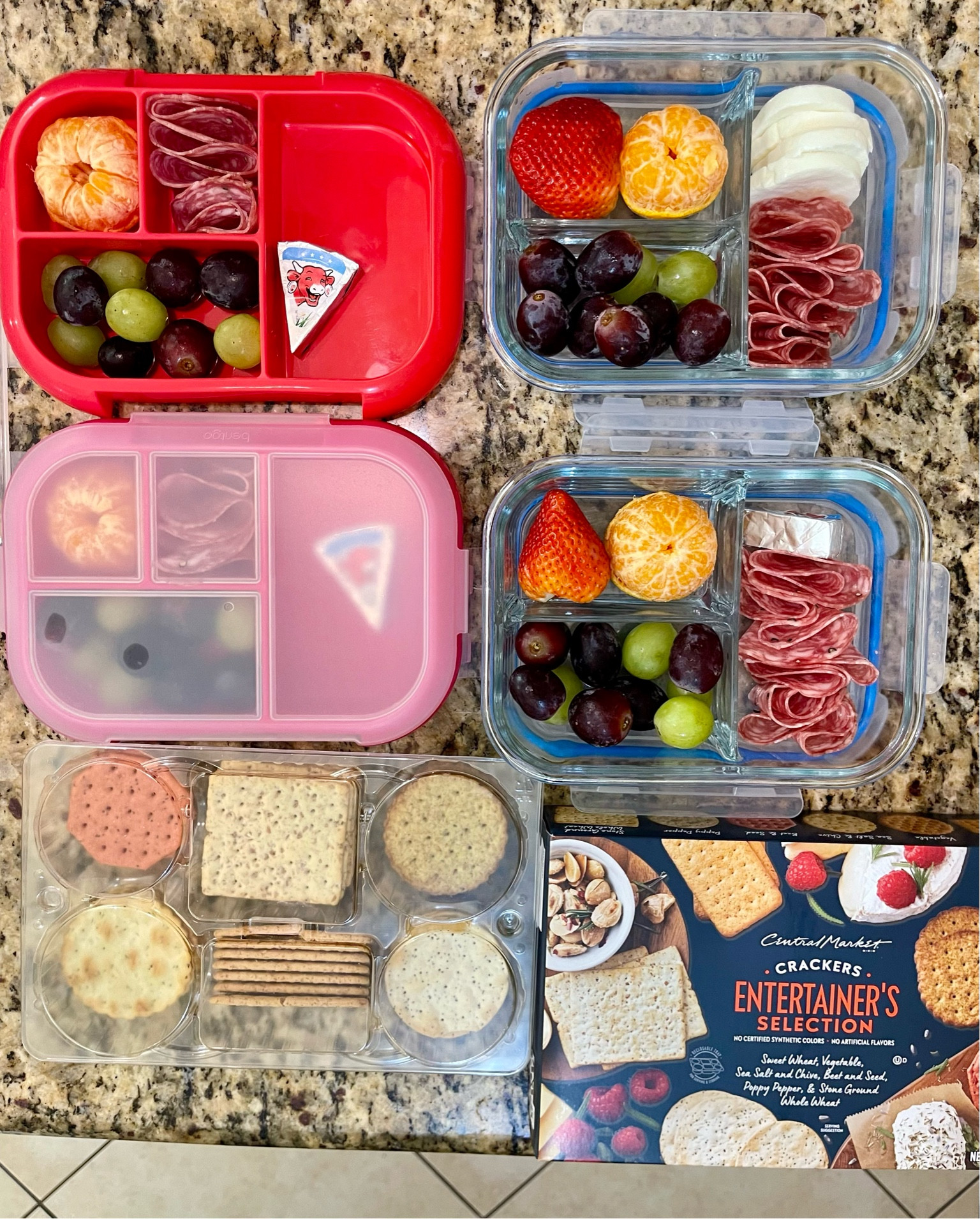 I have been packing Bento boxes for my kids in advance for a while now, but I just started making them for my spouse too! 

For my husband, I send a charcuterie snack box packed in a glass, bento box, I like the walls which help keep things in place. This is also handy for separating dry or crispy ingredients and wet/chilled ingredients.

For the kids, I double up and prepack the majority of their lunch trays, and add one extra component like a croissant or sandwich the morning of school. Their bento boxes are my favorite because there is a built-in ice pack tray. It keeps the cold right there as close to their food as possible, ensuring their lunch is served at a safe temperature. This is important because we are in hot, hot hot Texas. 

to save myself some time, and an especially when I have shopped in bulk at Costco, more than one days worth of lunches at a time, there are spare trays that come with snap on lids and then you just snap it into the lunchbox shell on the next day. 

#LTKfamily #LTKkids #LTKhome