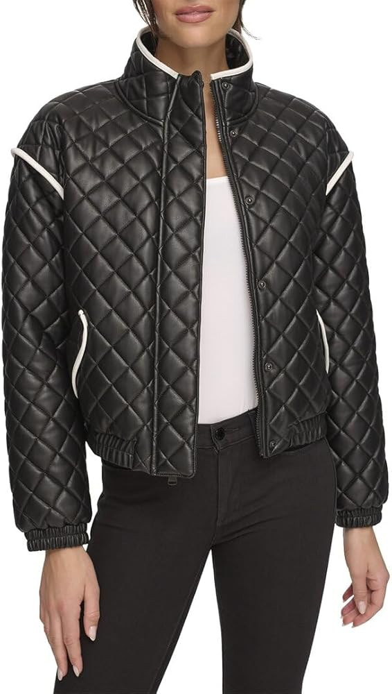 Andrew Marc womens Faux Leather Quilted Bomber Jacket With Contrast Trim | Amazon (US)
