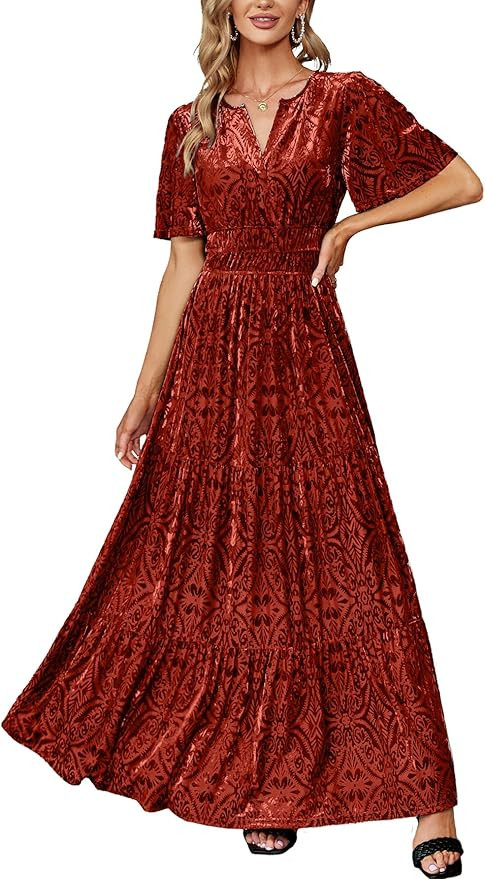 Amegoya Women's Velvet Short Sleeve V Neck Formal Wedding Guest Maxi Dresses Fall Evening Party L... | Amazon (US)
