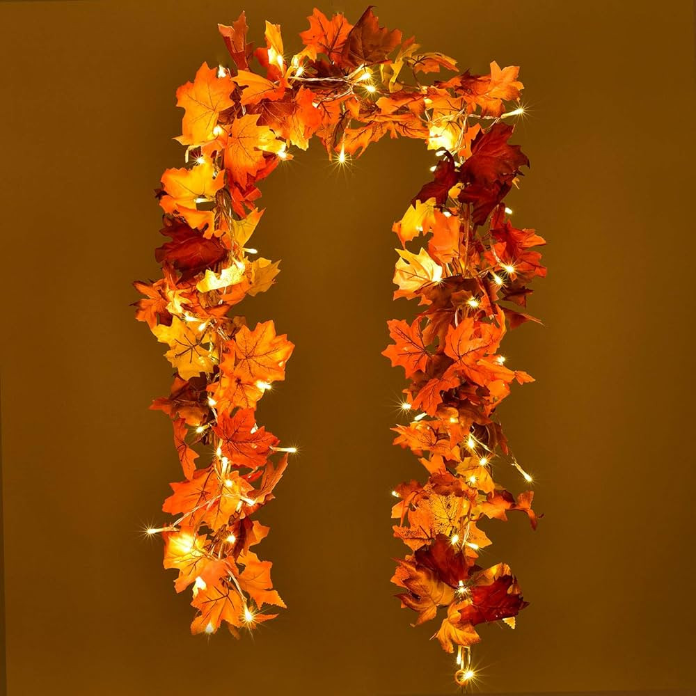 Artiflr 2 Pack Fall Garland Maple Leaf with 16.4Ft 40 LED String Light, 5.9Ft/Piece Hanging Vine ... | Amazon (US)