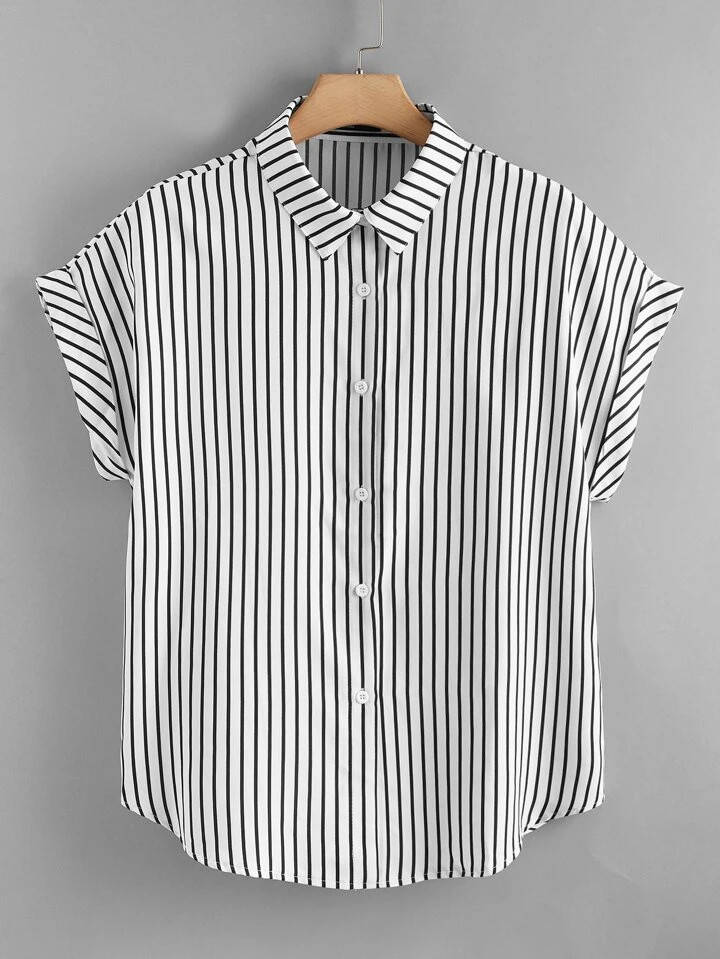 SHEIN LUNE Mais Camisa Impressão listrada Botão frontal | SHEIN