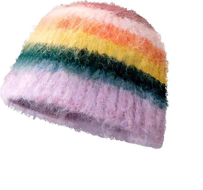 Fuzzy Striped Mohair Beanie Hat, Crochet Knitted Beanie for Women, Y2K Multicolored Stripes, Reve... | Amazon (US)