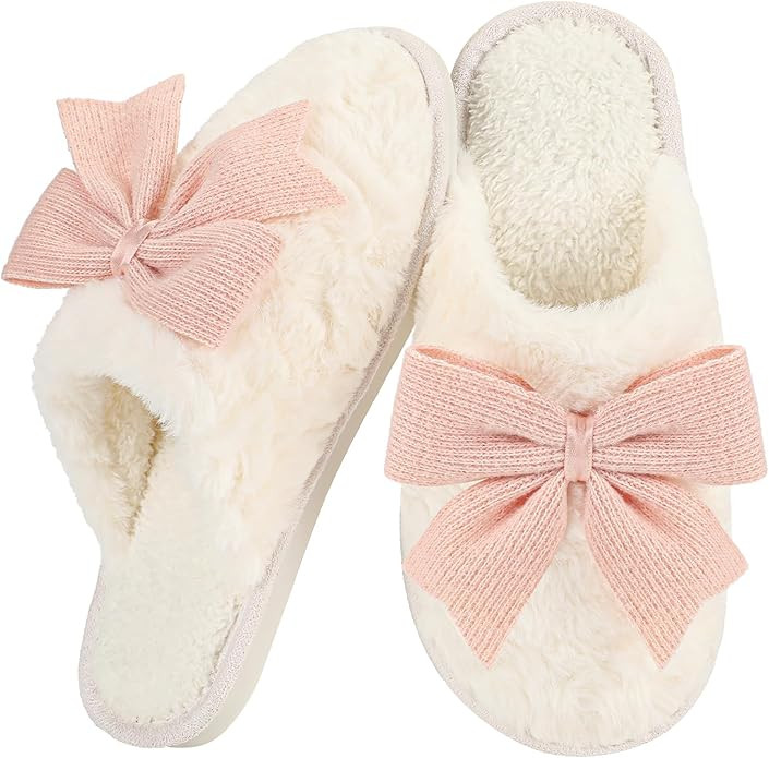 Women's Cute Bow Slippers Cartoon House Fur Shoes Cozy Indoor Momory Foam Outdoor | Amazon (US)