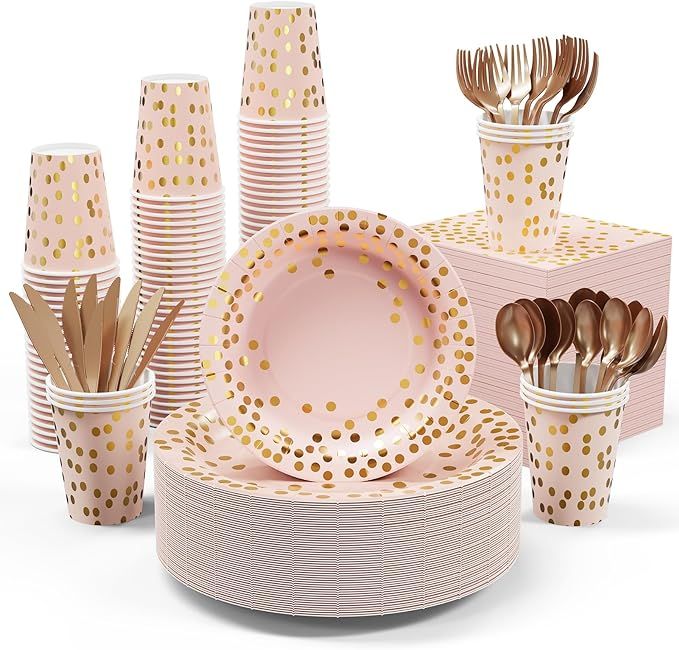 Pink and Gold Party Supplies - 350 PCS Disposable Dinnerware Set - Pink Paper Plates Napkins Cups... | Amazon (US)
