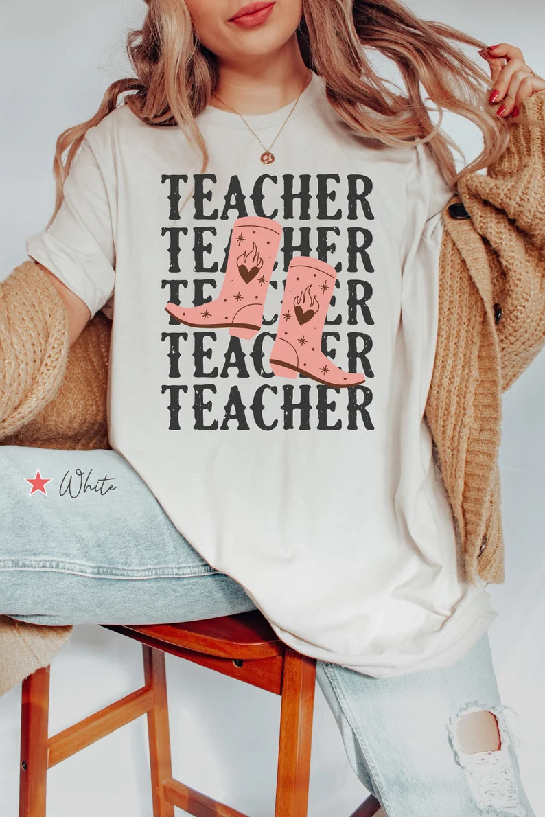 Teacher Cowgirl Boots Shirt, Vintage Western Country Teacher Tshirt, Boho Southwest Teacher Cloth... | Etsy (US)