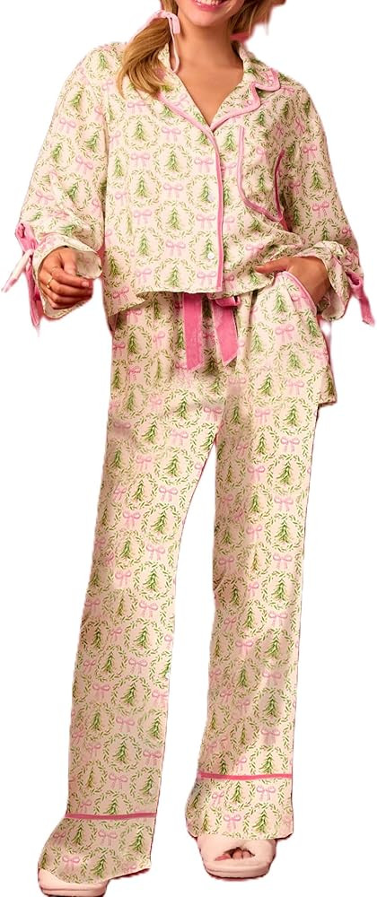 Argeousgor Women Satin Silk Christmas Pajama Set Holiday Graphic Print 2 Piece Pjs Sets Long Slee... | Amazon (US)