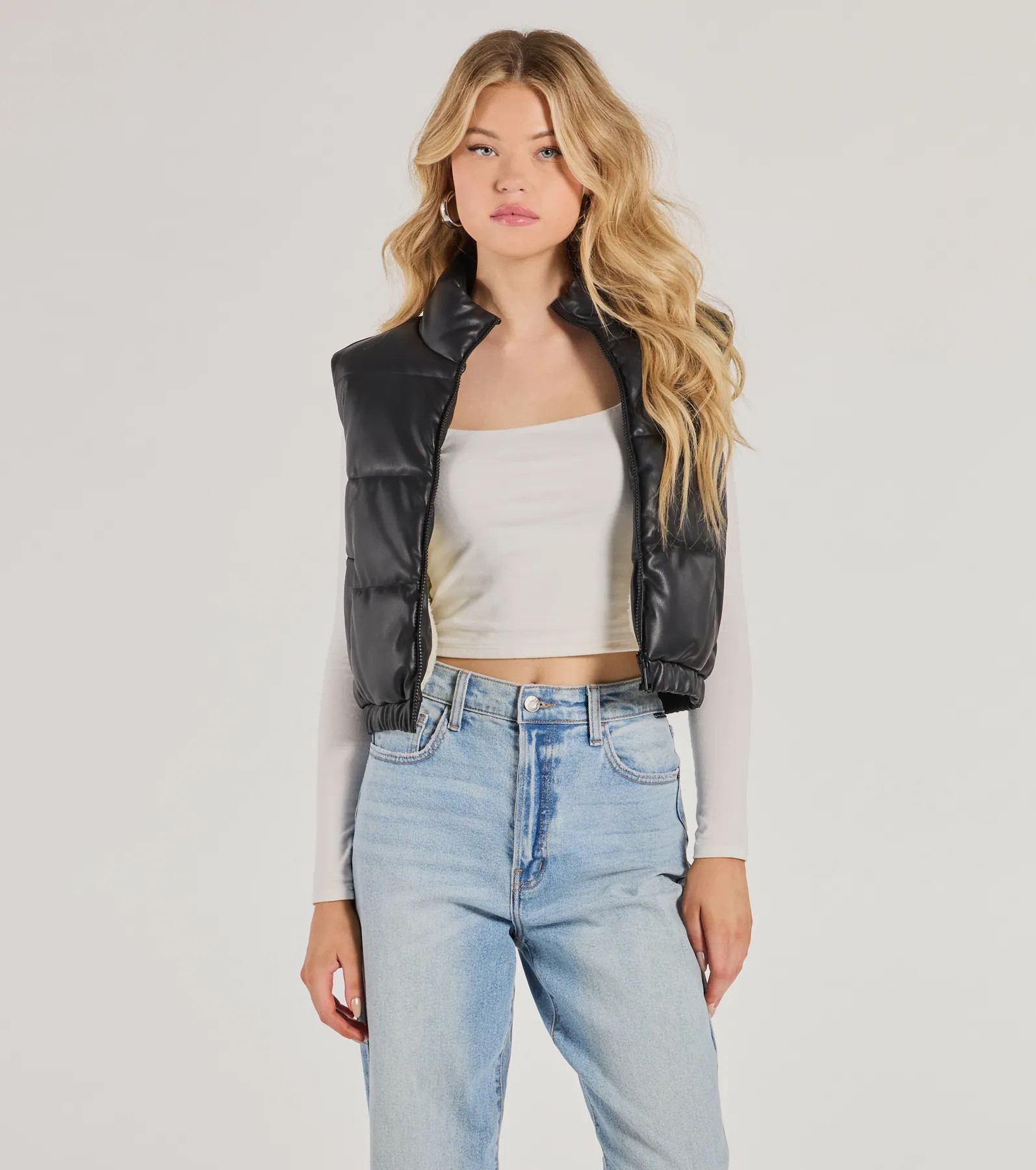 Cuddle Glam Faux Leather Sherpa Lined Puffer Vest | Windsor Stores