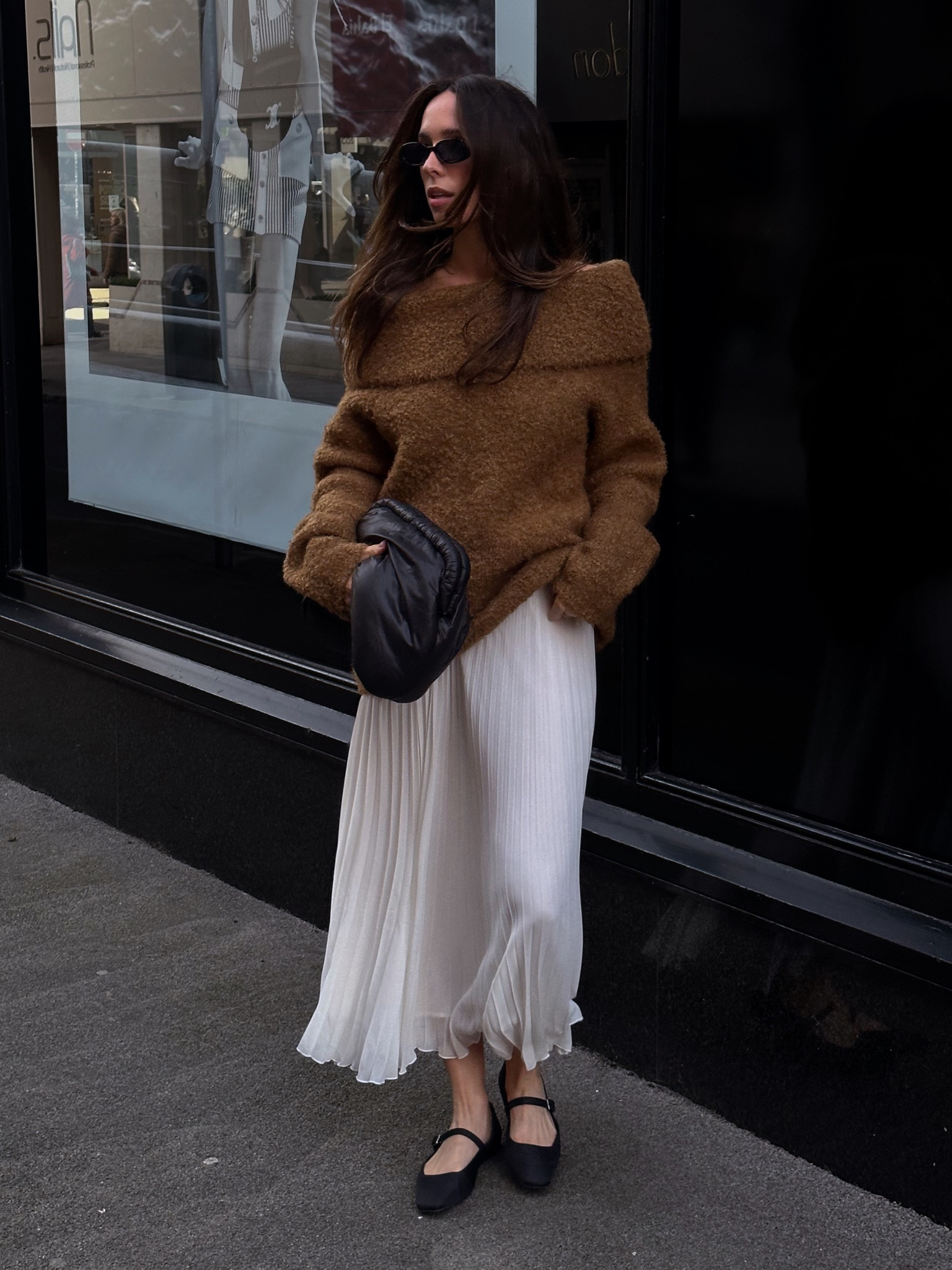 Plisse maxi skirt, Mary Jane ballet flats, off shoulder chunky knit, Le specs sunglasses, chunky clutch bag, 

#LTKfindsunder50 #LTKfindsunder100 #LTKstyletip