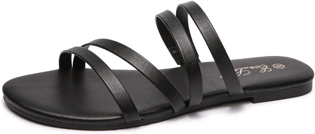 Women's Strappy Slides Flat Sandals Elastic Band Slides Sandals Open Toe Slipper Dress Summer Sho... | Amazon (US)