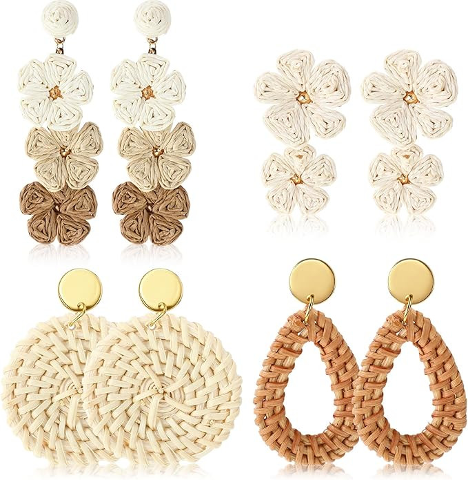 Sumind 4 Pairs Boho Raffia Earrings for Women Flower Round Drop Dangle Woven Earrings Summer Vaca... | Amazon (US)