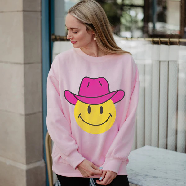 Pink Cowgirl Hat Happy Face Cute Sweatshirt | Katydid.com