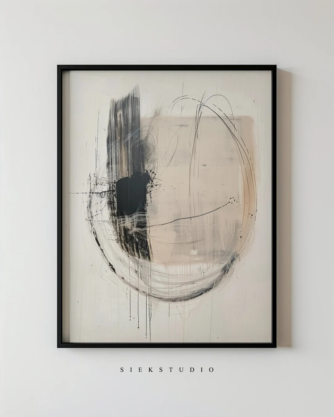 Minimalist Circle Geometric Abstract Printable Art, Black and Beige Neutral Wall Decor, Large Mod... | Etsy (US)