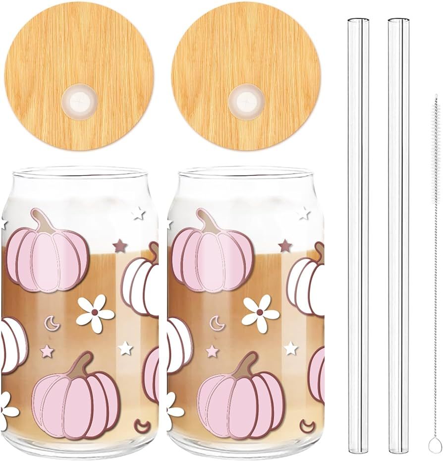 Whaline 2 Pack Fall Drinking Glasses 16oz Pumpkin Flower Star Glass Cup Pink White Pumpkin Iced C... | Amazon (US)