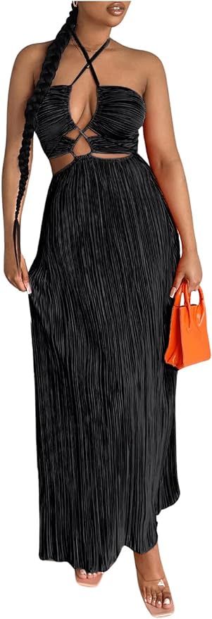 OYOANGLE Women's Cut Out Front Criss Cross Halter Dress Tie Backless Pleated Formal Maxi Dresses | Amazon (US)