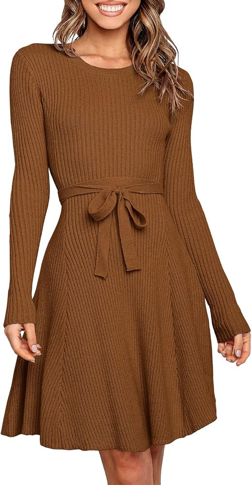 ANRABESS Women Long Sleeve Fall Dresses 2024 Crewneck Tie Waist A-Line Swing Casual Ribbed Knit C... | Amazon (US)