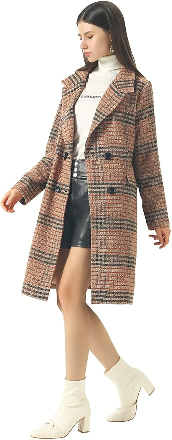 CHARTOU Women's Winter Oversize Lapel Collar Woolen Plaid Double Breasted Long Peacoat Jacket | Amazon (US)