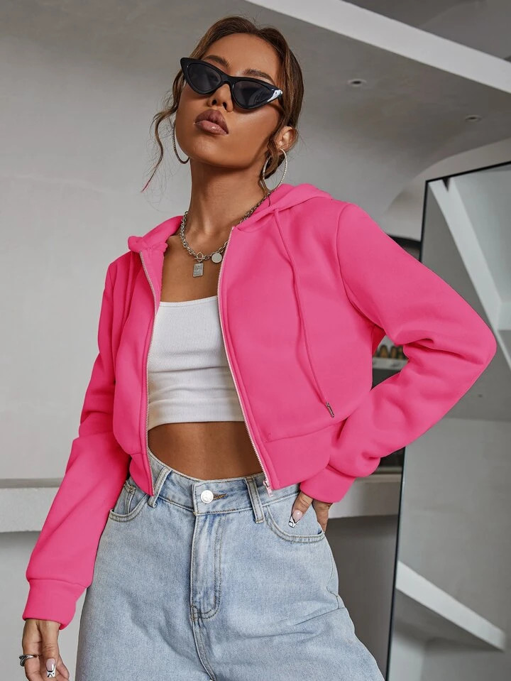 Zipper Up Drawstring Crop Hoodie | SHEIN