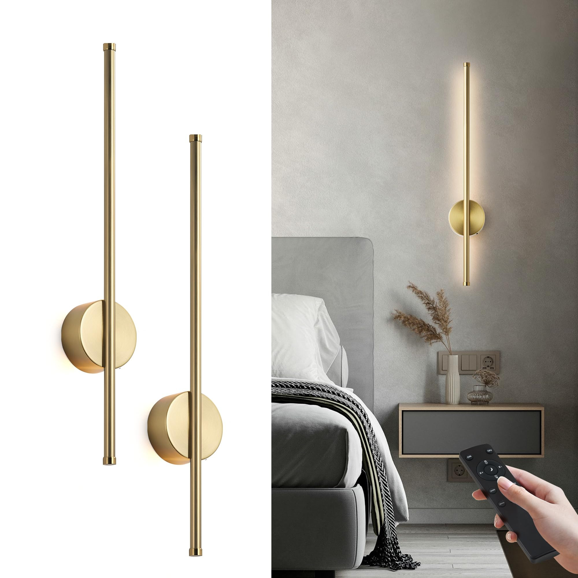 Battery Operated Modern Wall Sconces, Dimmable Wireless Wall Light Set of Two with Remote Control... | Amazon (US)