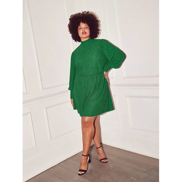 The Get Women's Plus Size Metallic Knit Mini Dress with Long Sleeves - Walmart.com | Walmart (US)