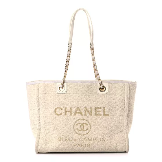 CHANEL Lurex Boucle Small Deauville Tote White 422951