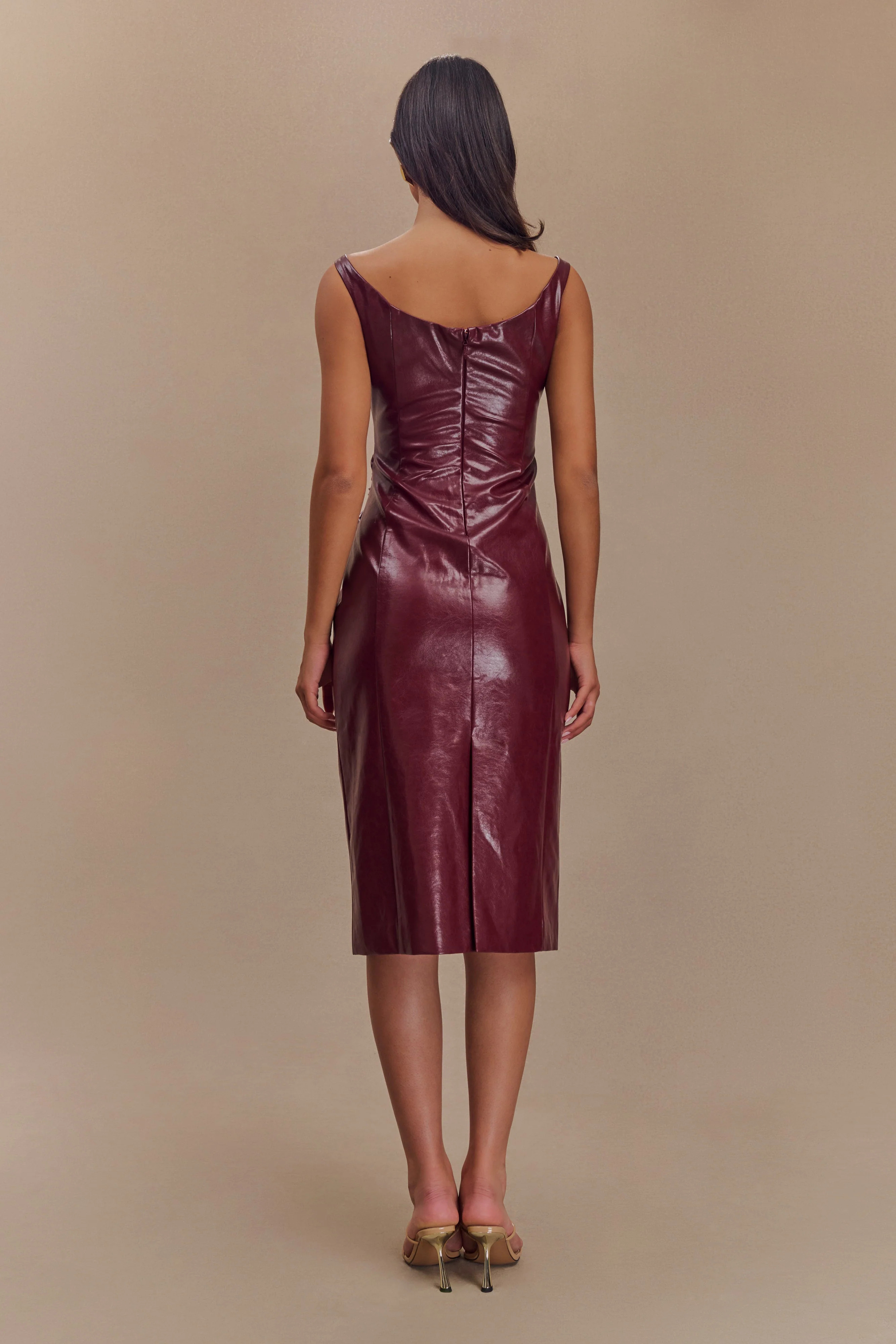 Sonia Faux Leather Midi Dress - Cherry Red | MESHKI US