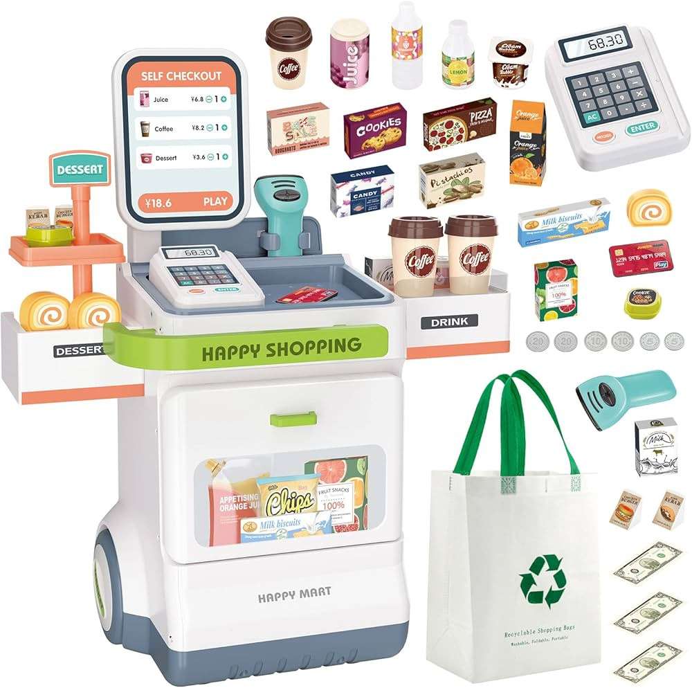 Eohemeral 48-Piece Pretend Play Cash Register Toy with Calculator, Shopping Bag, Scanners, Credit Ca | Amazon (US)