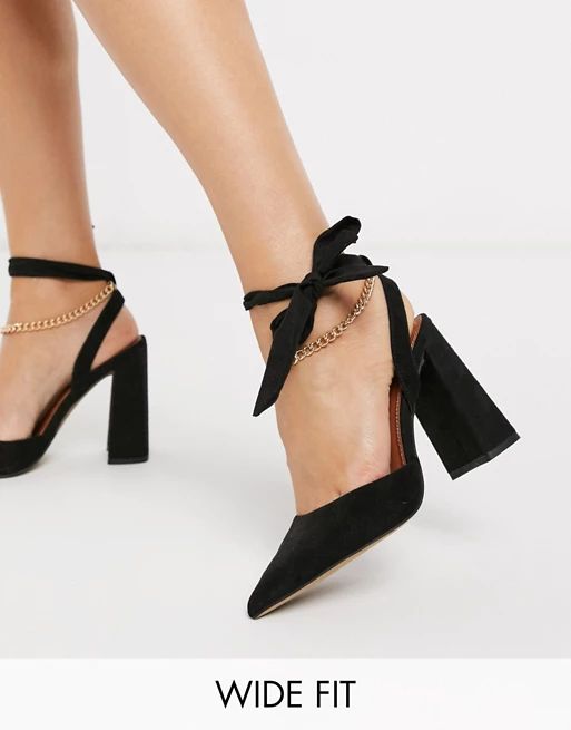 ASOS DESIGN Wide Fit Wholesome pointed block heels with chain anklet in black | ASOS (Global)