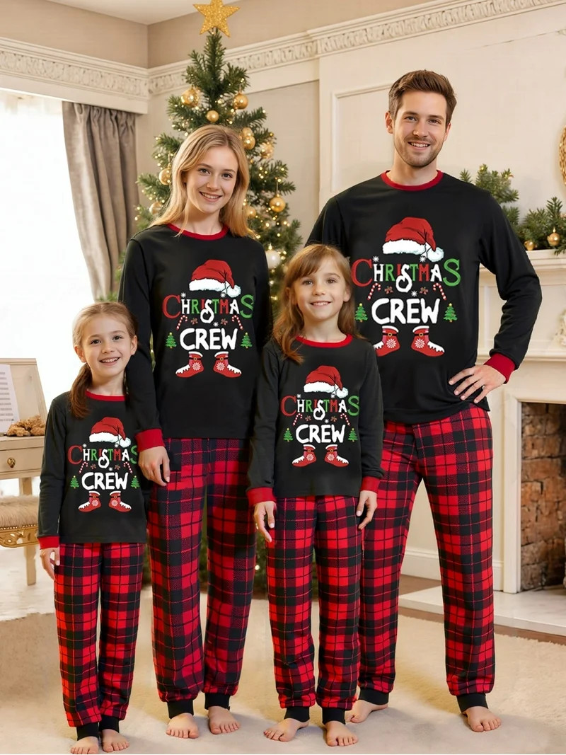 Jaweiwi Christmas Family Pajamas Matching Set, Long Sleeve Letters Print T-shirt with Plaid Pants... | Walmart (US)