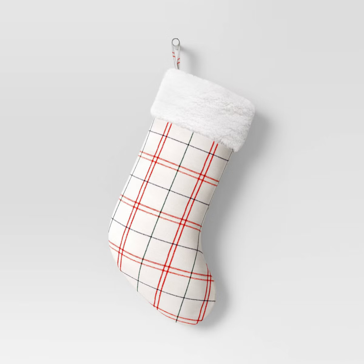 20" Woven Plaid Christmas Stocking with Faux Shearling Cuff Cream/Red - Wondershop™ | Target